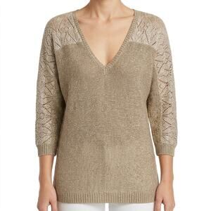 New York & Company Beige Tan V Neck Women's Bracelet Sleeve Knit Sweater Size S